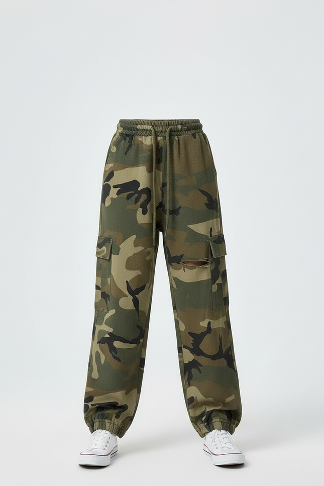 Pantalon Cargo Camouflage Ample Vert Militaire Fille - Molleton - vue 3