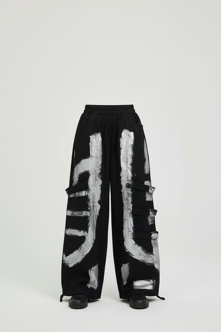 Pantalon Cargo Noir Ample Imprimé Argenté Streetwear Fille - Toile - vue 3