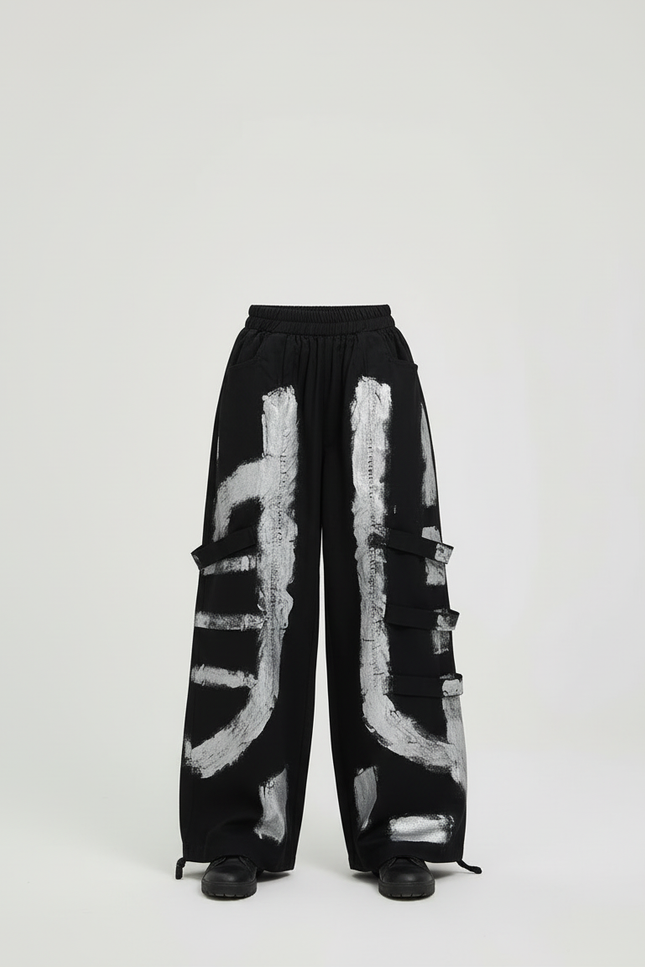 Pantalon Cargo Noir Ample Imprimé Argenté Streetwear Fille - Toile - vue 3