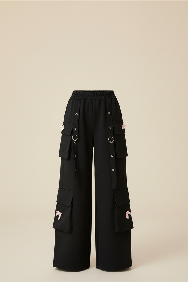 Pantalon Cargo Noir Ample Fille Multipoches Cœur - Polyester - vue 3