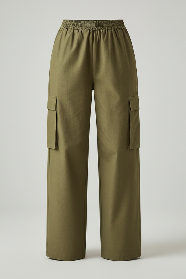 Pantalon Cargo Vert Ample Taille Haute Femme - Kaki Toile - vue 3
