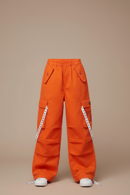 Pantalon Cargo Orange Ample Enfant Poches Streetwear - Toile - vue 3