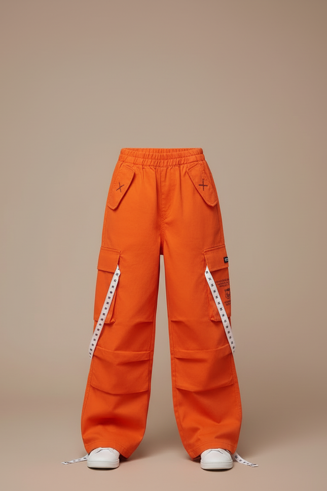 Pantalon Cargo Orange Ample Enfant Poches Streetwear - Toile - vue 3