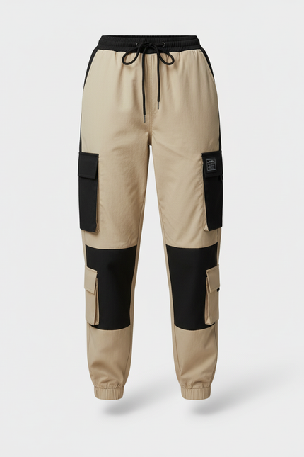 Pantalon Cargo Beige Noir Coton Multi-Poches Décontracté Femme - vue 3