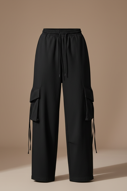 Pantalon Cargo Noir Ample Fluide Poches - Polyester - vue 3