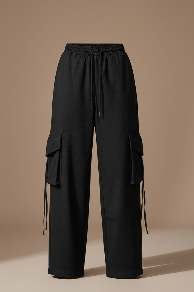 Pantalon Cargo Noir Ample Fluide Poches - Polyester - vue 3