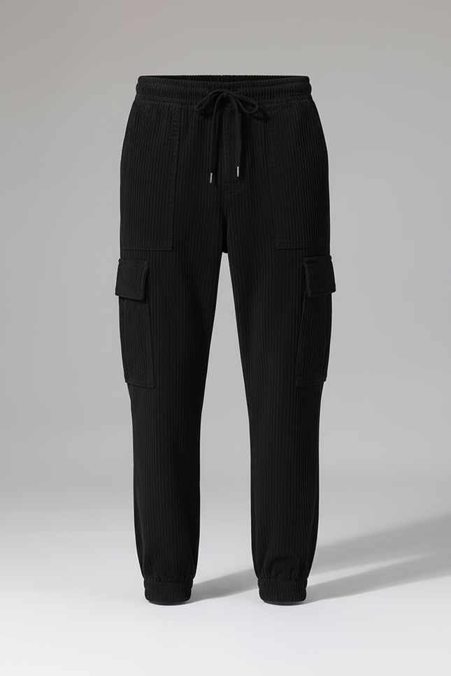 Pantalon Cargo Noir Côtelé Ample Cordon Homme - Cordé - vue 3
