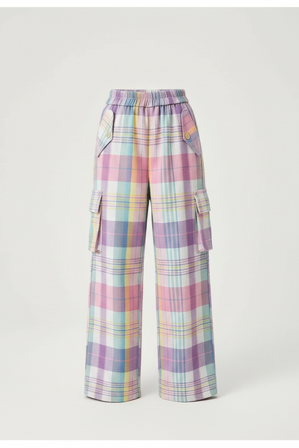 Pantalon Cargo Plaid Pastel Ample Fille Décontracté - Multicolore Laine - vue 3