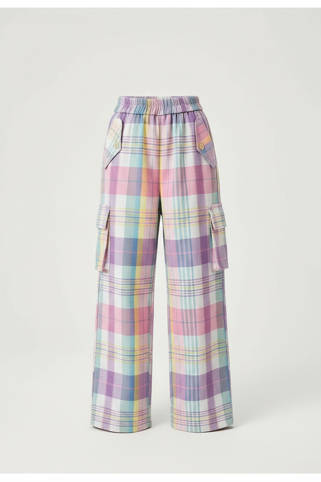 Pantalon Cargo Plaid Pastel Ample Fille Décontracté - Multicolore Laine - vue 3