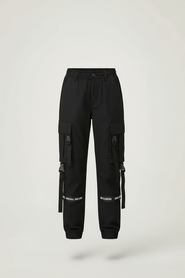 Pantalon Cargo Noir Sangles Multipoches Fille Urbain - Gabardine - vue 3