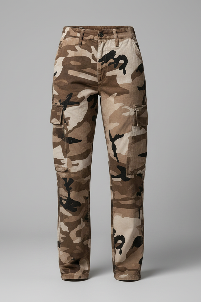 Pantalon Cargo Camouflage Marron Poches Ample Femme - Toile - vue 3