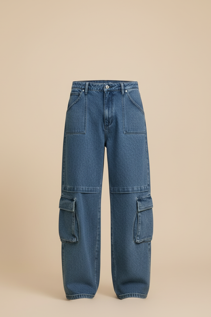 Pantalon Cargo Bleu Délavé Ample Multipoches Homme - Jean - vue 3
