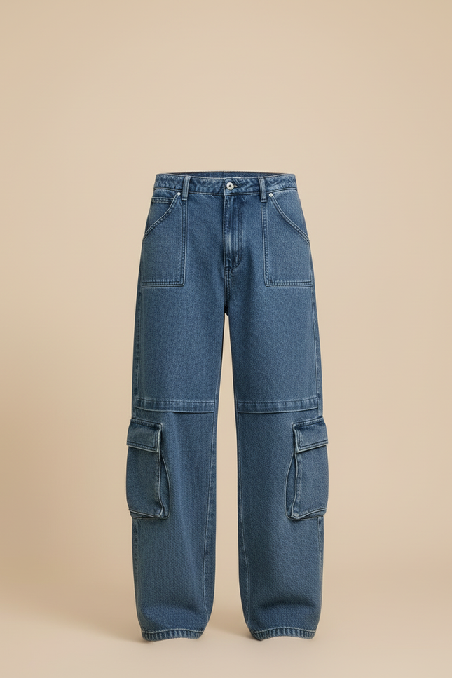Pantalon Cargo Bleu Délavé Ample Multipoches Homme - Jean - vue 3