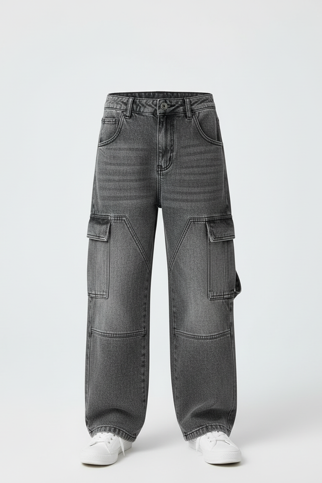 Pantalon Cargo Jean Gris Ample Multipoches Enfant - vue 3