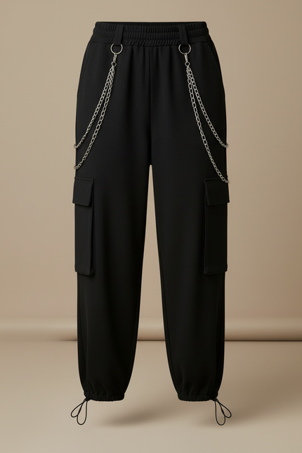 Pantalon Cargo Noir Ample Chaînes Streetwear Femme - Polyester - vue 3
