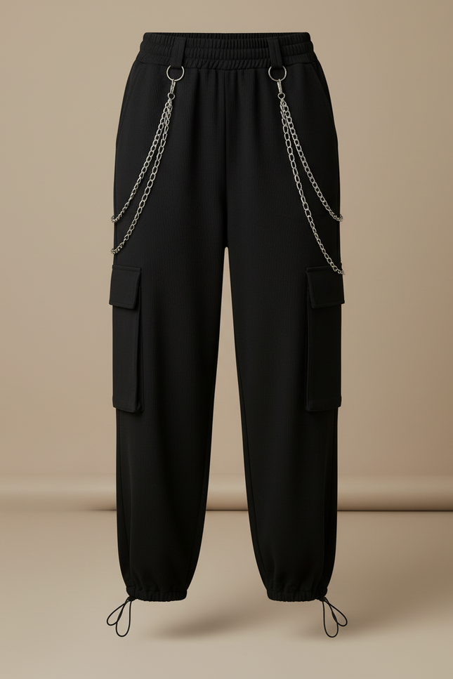 Pantalon Cargo Noir Ample Chaînes Streetwear Femme - Polyester - vue 3