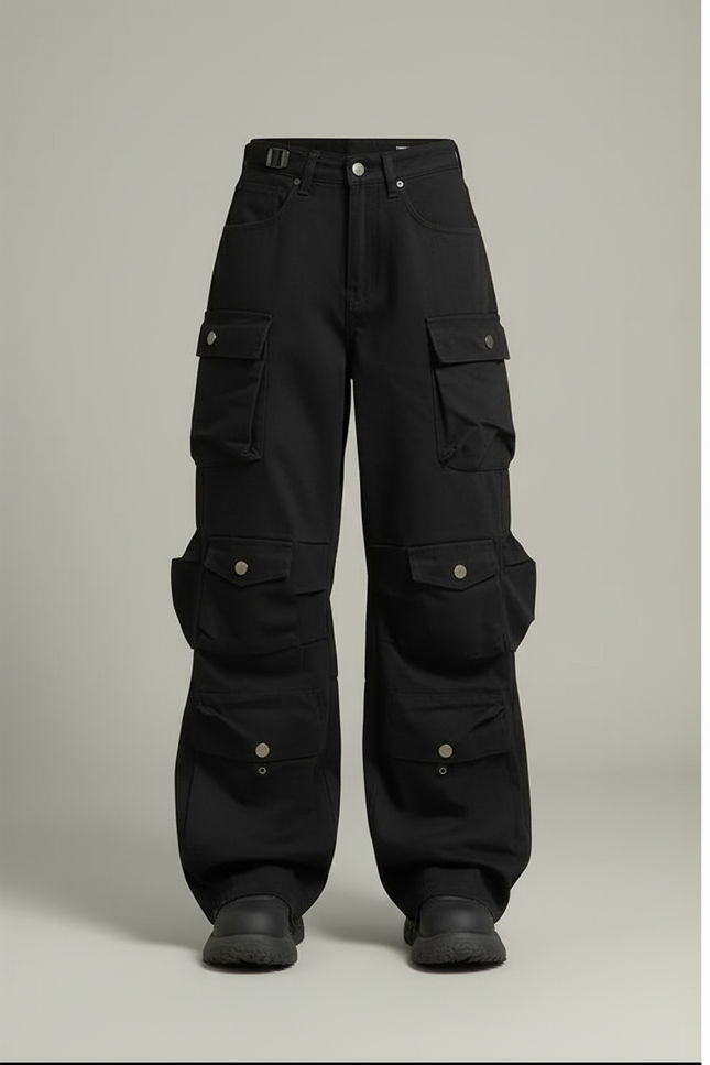 Pantalon Cargo Noir Ample Multipoches Y2K Femme - Toile - vue 3