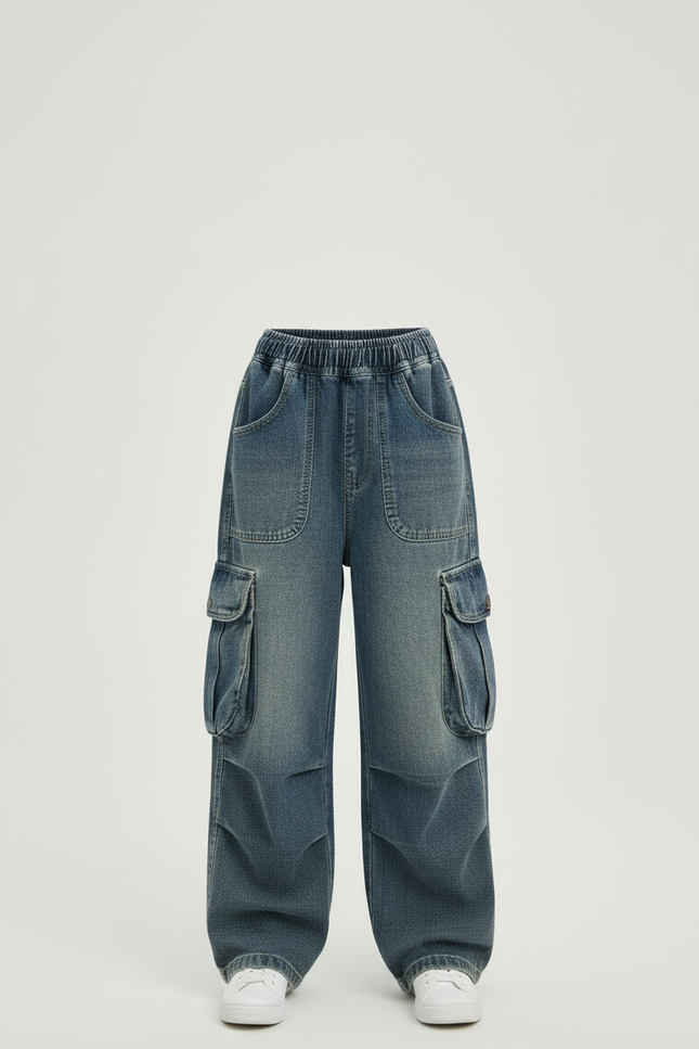 Pantalon Cargo Fille Denim Ample Taille Haute Bleu - Jean - vue 3