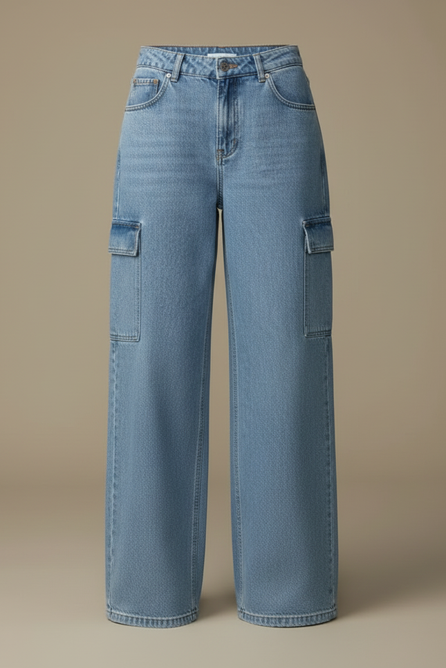 Pantalon Cargo Denim Ample Taille Haute Femme - Bleu Jean - vue 3