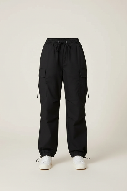 Pantalon Cargo Noir Ample Cordon Décontracté - Polyester - vue 3