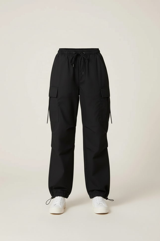 Pantalon Cargo Noir Ample Cordon Décontracté - Polyester - vue 3