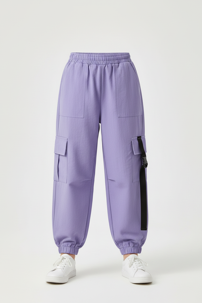 Pantalon Cargo Ample Violet Poches Sangles Enfant - Toile - vue 3