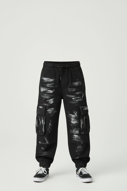 Pantalon Cargo Noir Peint Garçon Ample Multipoches - Toile - vue 3