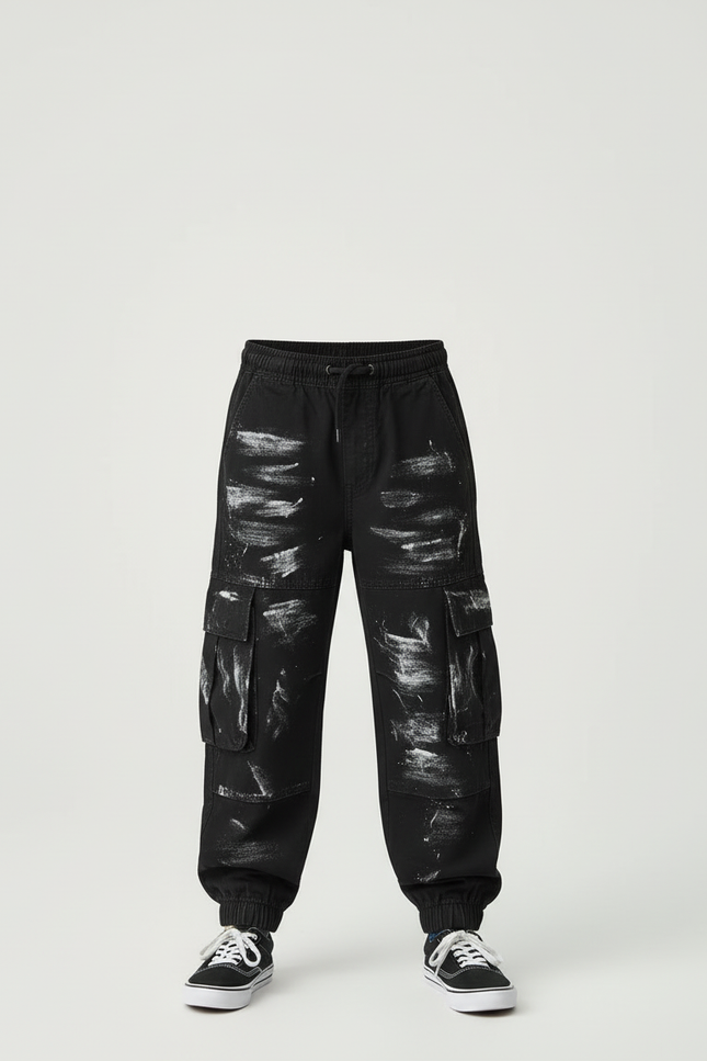 Pantalon Cargo Noir Peint Garçon Ample Multipoches - Toile - vue 3