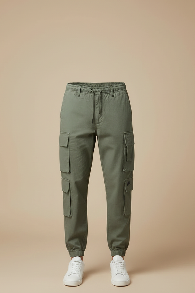 Pantalon Cargo Vert Kaki Multipoches Jogger Homme Coton - Toile - vue 3