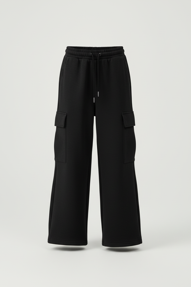 Pantalon Cargo Noir Ample Molletonné Femme Décontracté - vue 3