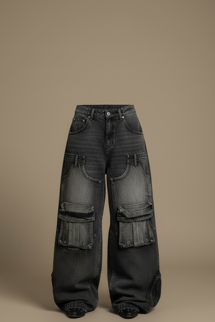 Pantalon Cargo Noir Délavé Ample Multipoches Femme - Gris Jean - vue 3