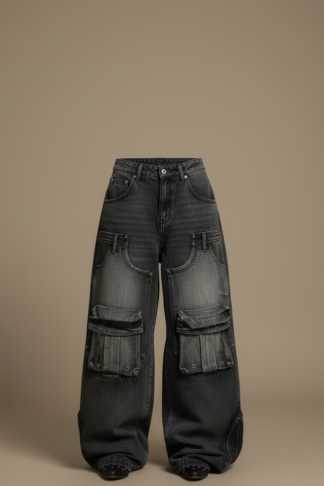 Pantalon Cargo Noir Délavé Ample Multipoches Femme - Gris Jean - vue 3