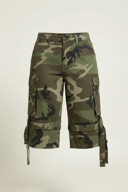 Pantalon Cargo Camouflage Militaire Ample Femme Court - Kaki Toile - vue 3