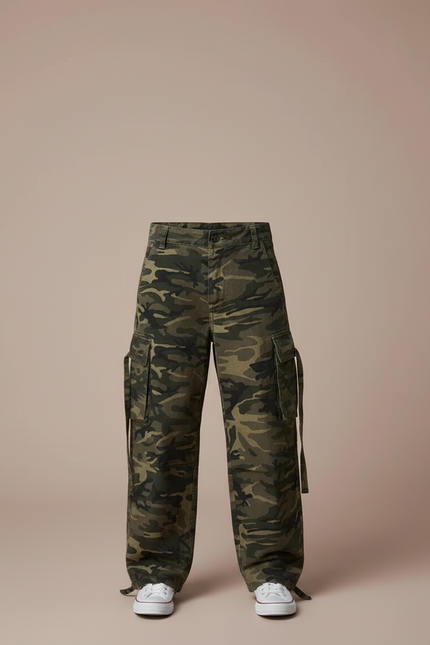 Pantalon Cargo Camouflage Ample Garçon Militaire Coton - Kaki Toile - vue 3