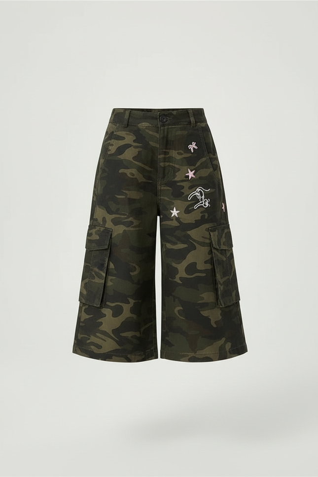 Pantalon Cargo Camouflage Ample Brodé Fille Décontracté - Kaki Toile - vue 3