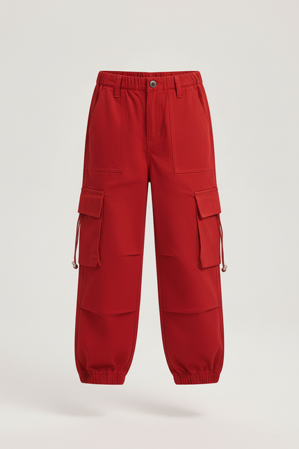 Pantalon Cargo Rouge Ample Coton Poches Fille - vue 3