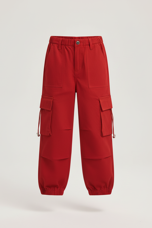 Pantalon Cargo Rouge Ample Coton Poches Fille - vue 3