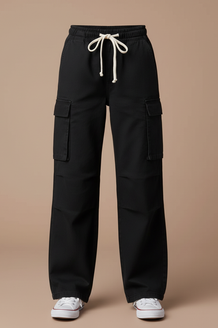 Pantalon Cargo Noir Ample Coton Multipoches - vue 3