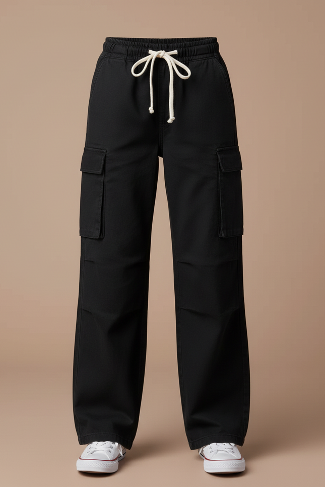 Pantalon Cargo Noir Ample Coton Multipoches - vue 3