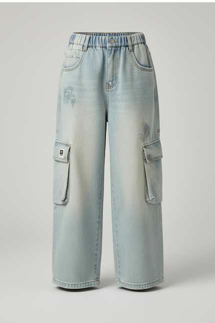 Pantalon Cargo Jean Ample Délavé Poches Latérales Enfants - Bleu - vue 3