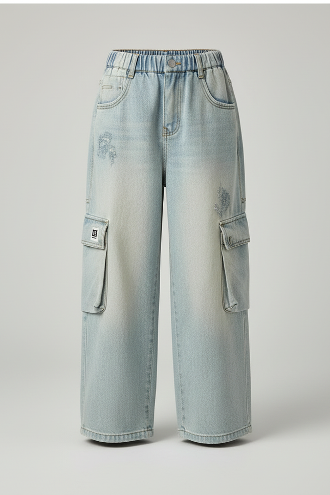 Pantalon Cargo Jean Ample Délavé Poches Latérales Enfants - Bleu - vue 3