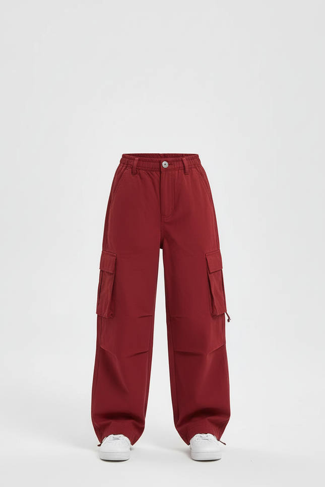 Pantalon Cargo Rouge Ample Multipoches Enfant - Bordeaux Toile - vue 3