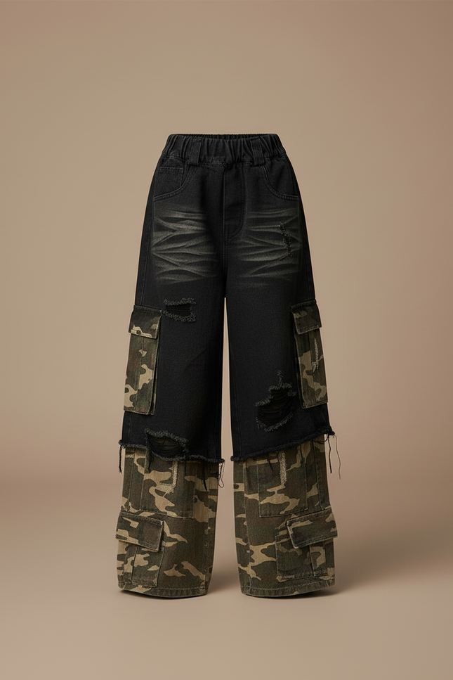 Pantalon Cargo Noir Camouflage Ample Délavé Fille - Multicolore Jean - vue 3