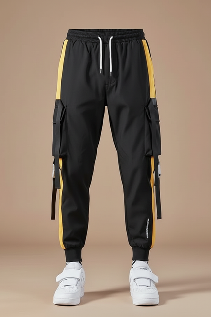Pantalon Cargo Noir Jaune Coton Multipoches Streetwear Homme - Polyester - vue 3