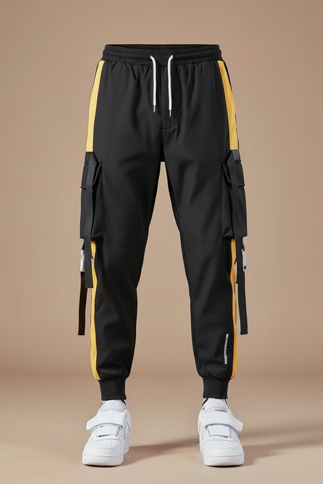 Pantalon Cargo Noir Jaune Coton Multipoches Streetwear Homme - Polyester - vue 3