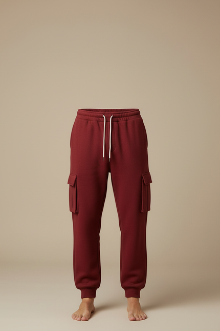 Pantalon Cargo Rouge Molleton Ample Multipoches Homme - Bordeaux - vue 3