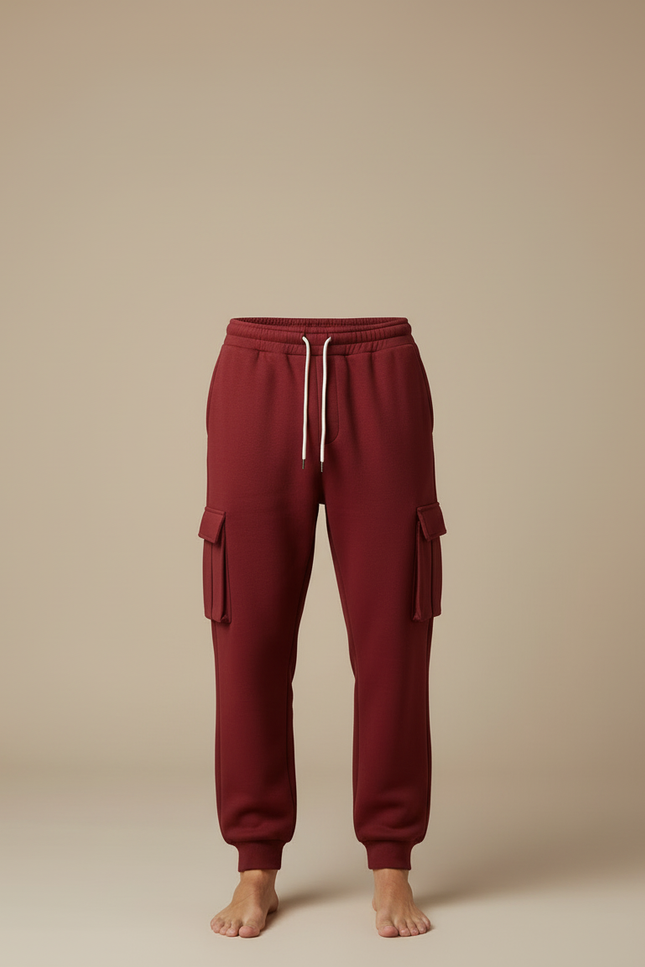 Pantalon Cargo Rouge Molleton Ample Multipoches Homme - Bordeaux - vue 3