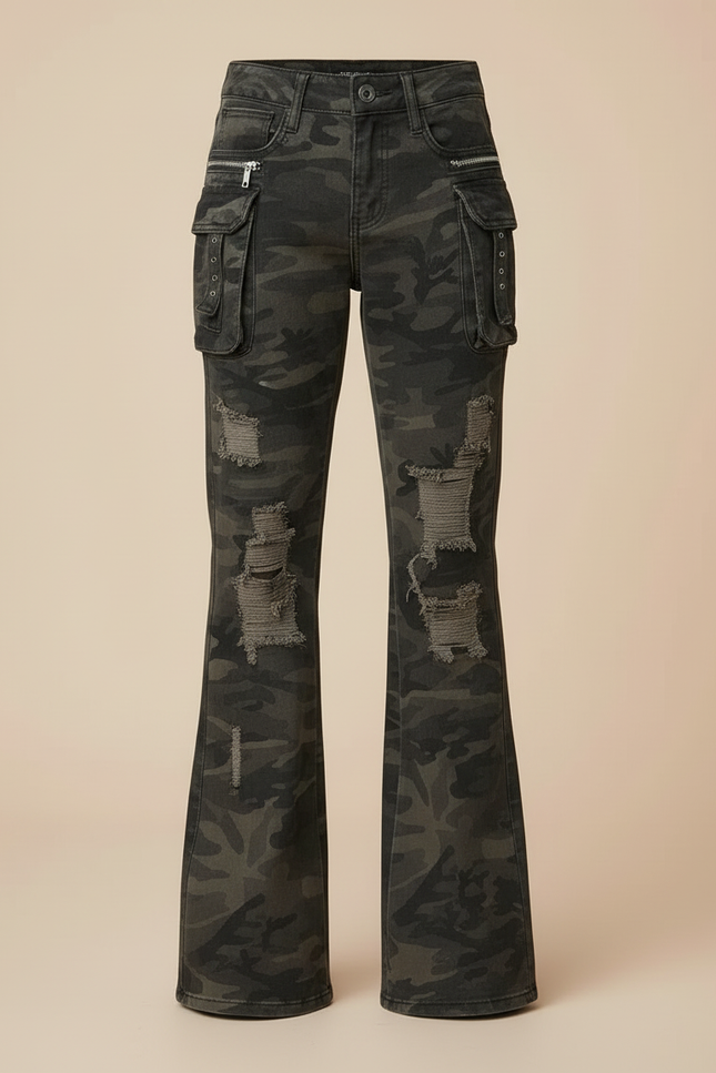 Pantalon Cargo Camouflage Évasé Délavé Enfant - Imprimé Jean - vue 3