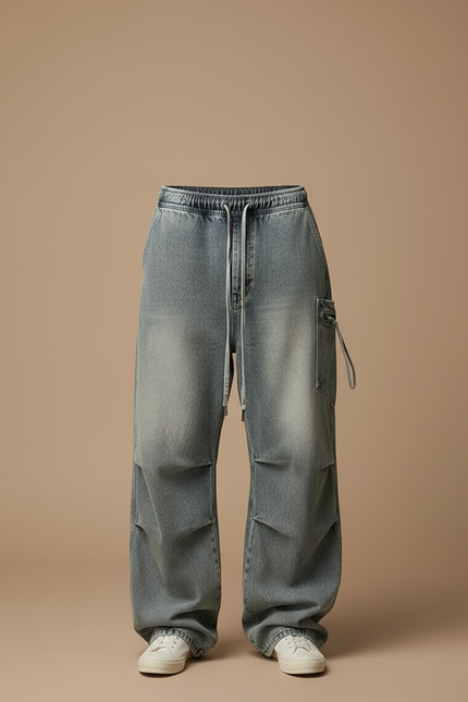 Pantalon Cargo Denim Ample Plissé Délavé Homme - Bleu Jean - vue 3