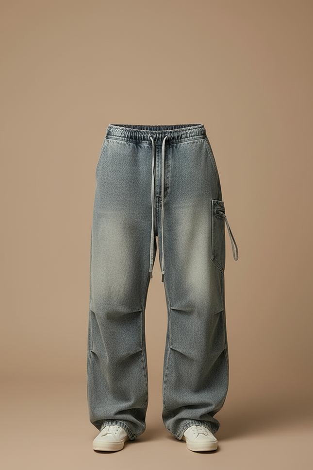 Pantalon Cargo Denim Ample Plissé Délavé Homme - Bleu Jean - vue 3